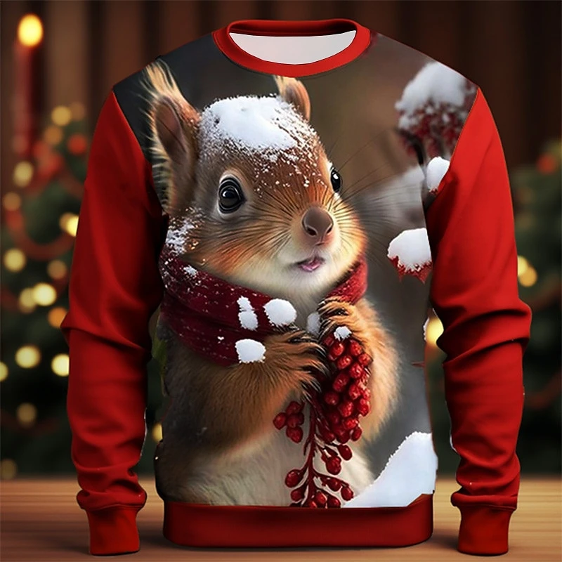 Cute Squirrel pattern 3D Printed Men's T-shirt Fashion Long Sleeve Hoodie Casual O-Neck Loose Mens Top Autumn Christmas Clothing