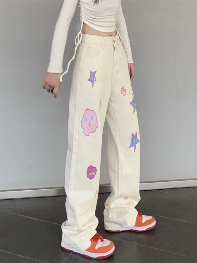 KOSAHIKI Sweet Embroidery Y2K Jeans Retro High Waist Denim Trousers Women Grunge Aesthetic Cute Vintage 90s  Pants