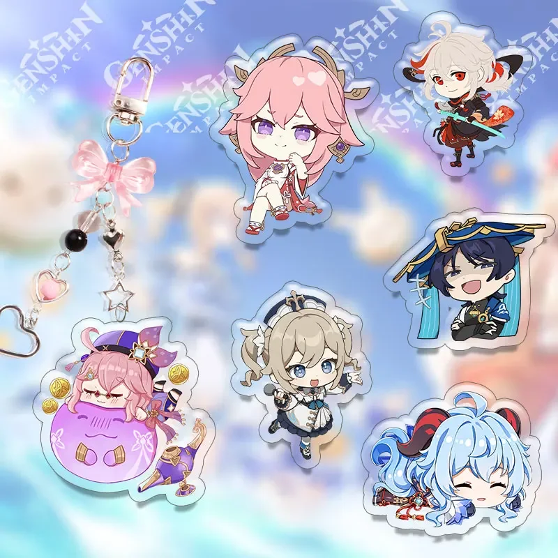 

Anime Genshin Impact 6cm Acrylic Double Sided Keychain Backpack Pendant Cute Decorative Pendant Bow Inlaid Buckle Selling Gift