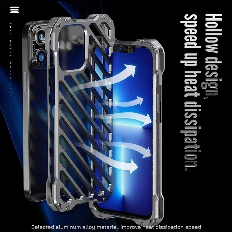 

Heat Dissipation Metal Phone Case For iPhone 16 15 14 Plus 13 12 Pro Max Shockproof Camera Lens Protector Aluminum Hollow Cover