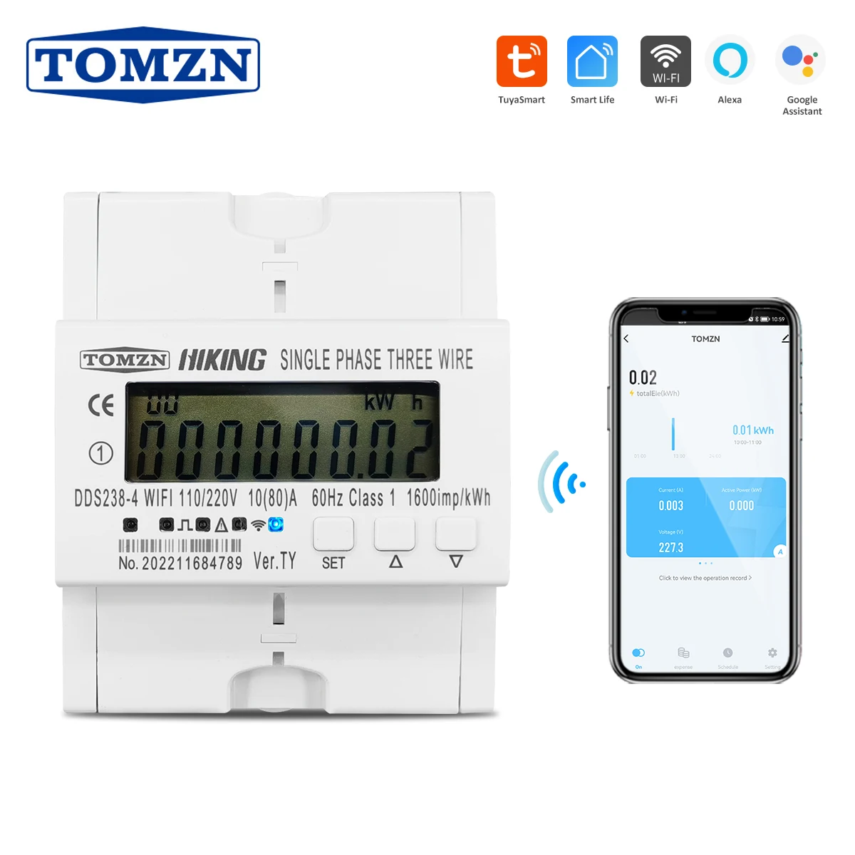 TOMZN 2 Phase 110V+110V 60Hz 80A Din Rail Tuya WIFI Smart Energy Meter Power Consumption Monitor KWh Meter Wattmeter