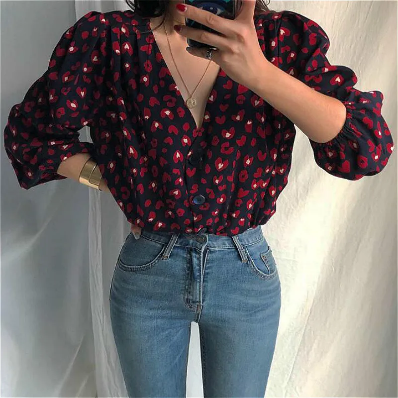 Shirts Women V-neck Retro Harajuku Ins Top Vintage Female Loose Kawaii Chic All-match Office Lady Teenagers Three Quarter Sleeve