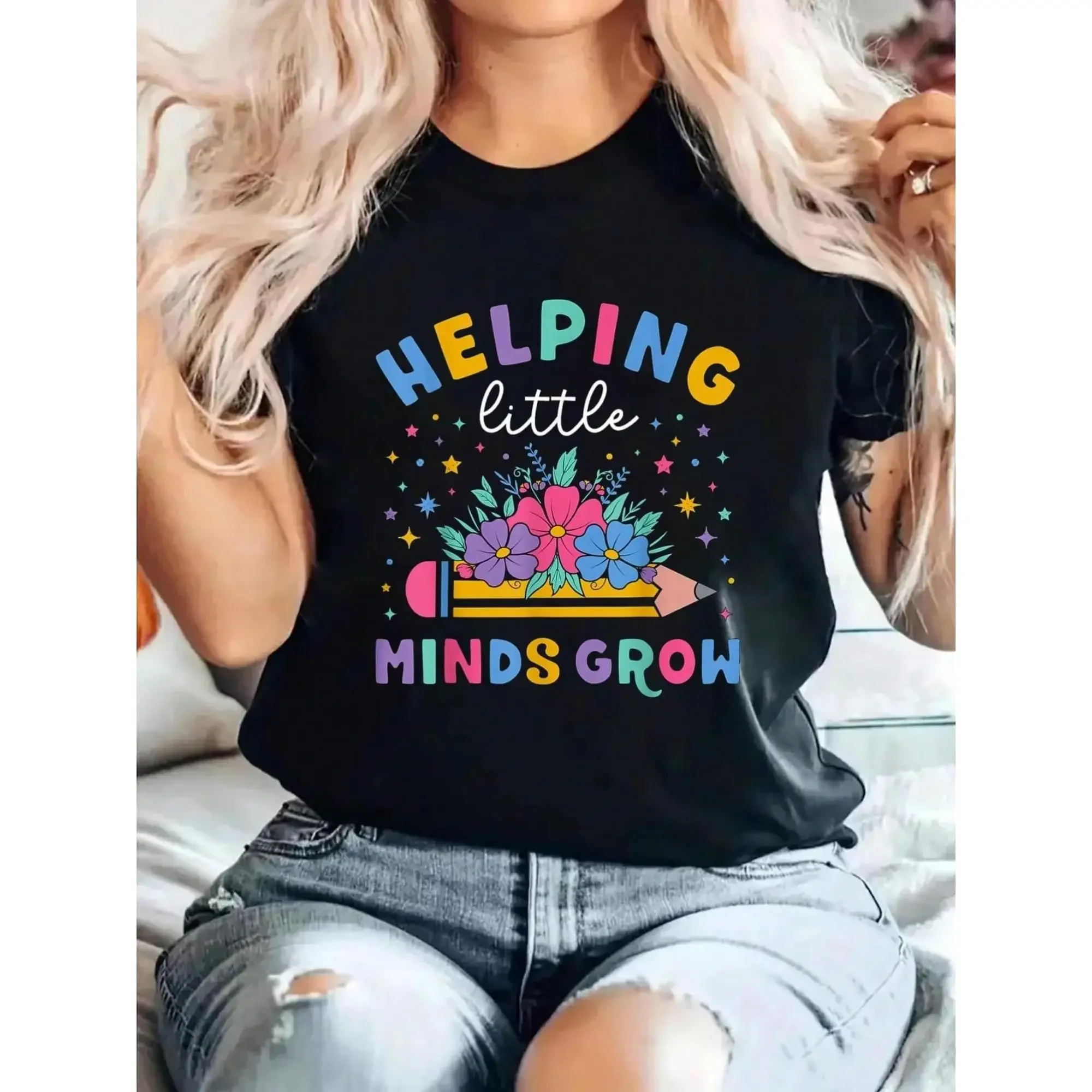 Helping Little Minds Grow Flower Elementary Teacher T-Shirt Breathable Comfort Fit Short Sleeve Crew Neck Top For t shirt women