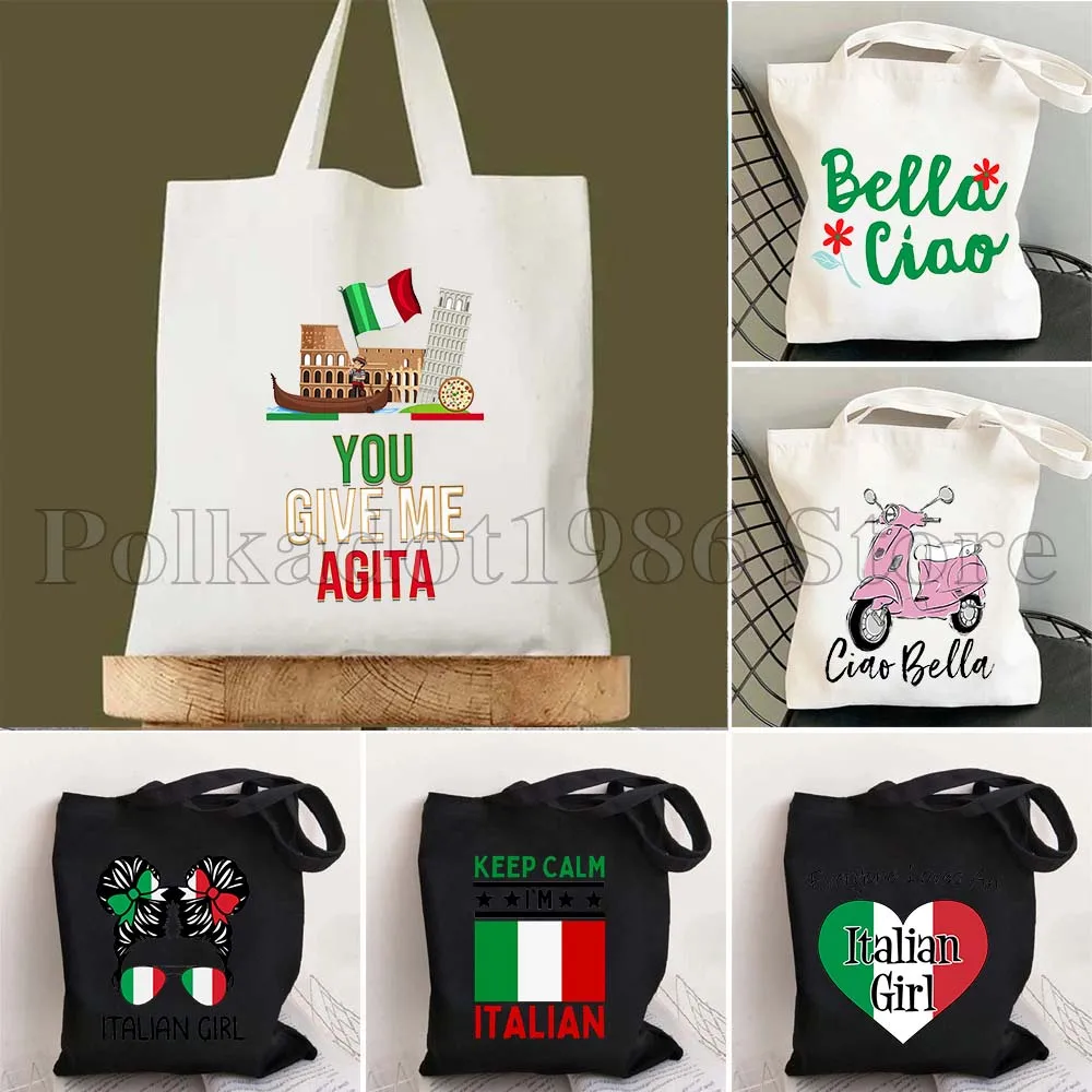 

Floral Bella Ciao Italian Brunette Woman Girl Messy Bun Flag Italy Italia Cute Shopper Harajuku Canvas Tote Bag Shopping Handbag