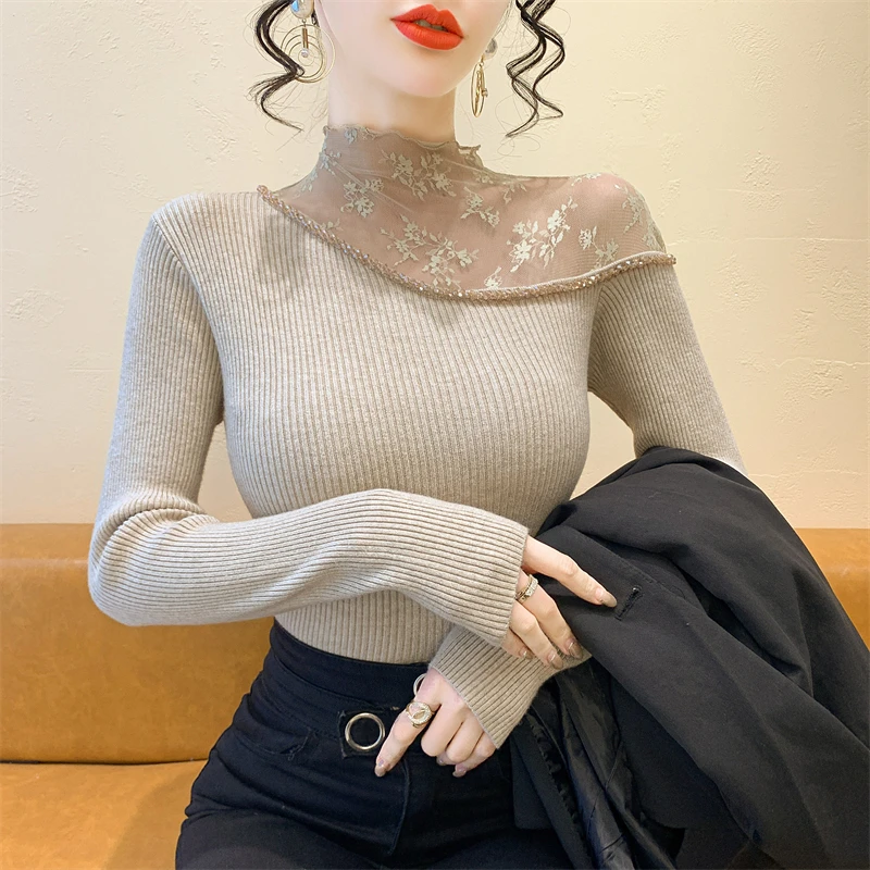 

2025,New,Fall,Winter,Knitted,Sweater,Women,Chic,Sexy,Hollow Out,Mock Neck,Patchwork,Lace,Shiny,Beading,Long Sleeve,Tops,51049