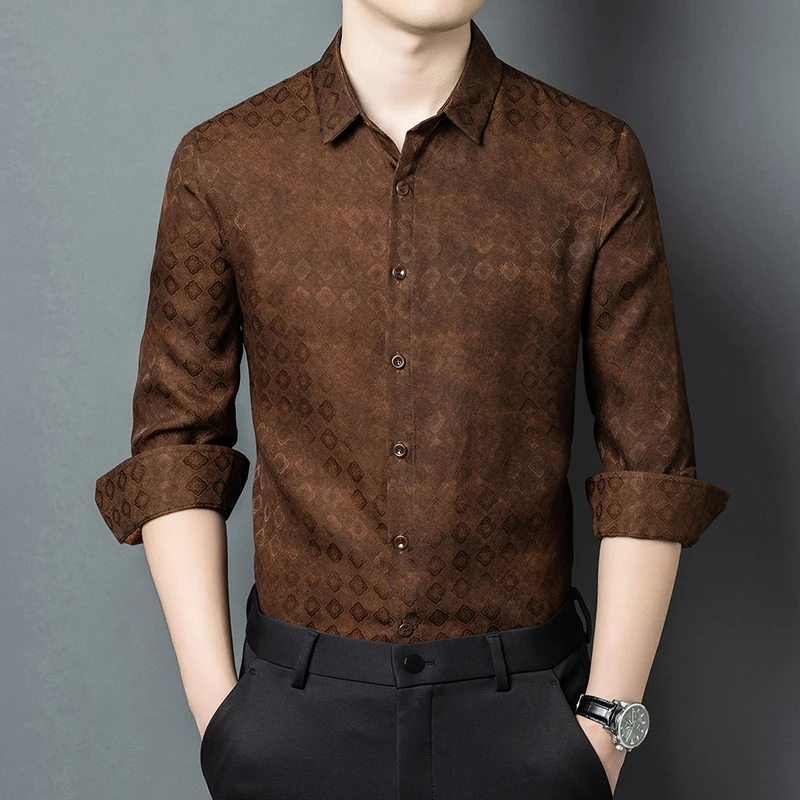 Geniune Silk 100% Shirts For Men Long Sleeve Jacquard Breathable Summer Quality Gambiered Canton Gauze Premium Camisas De Hombre