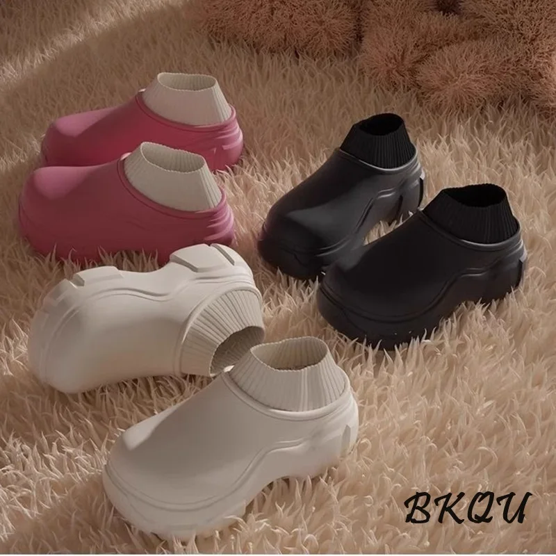 BKQU 7cm Step on Poo Feeling Eva Thick Bottom Increase Cotton Slippers Women's Autumn Winter Bag with Waterproof Bao Head Indoor