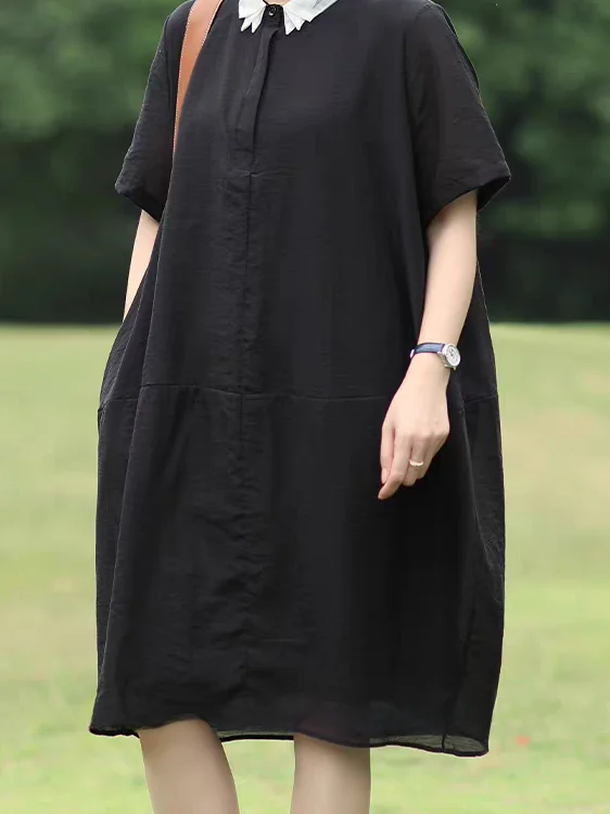 우아한 순색 린넨 셔츠 드레스 한국 스타일 출퇴근용 루즈핏 허리 여름 패션 여성 드레스 미디 길이 A라인 스커트