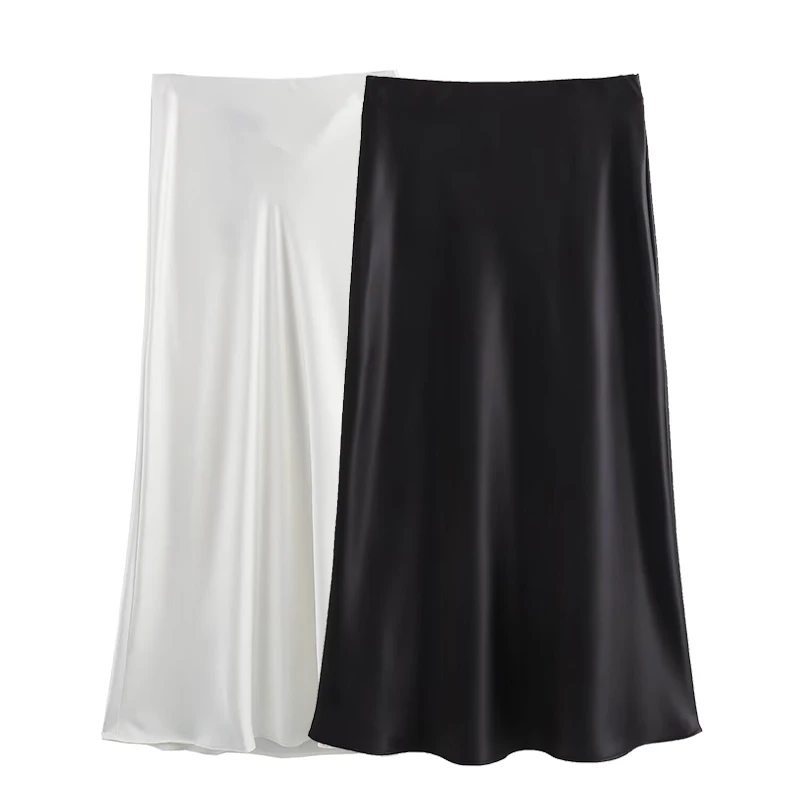 

CLAZZAA Women Fashion Satin Solid Pleated Midi Skirt Vintage Mid Elastic Waist Female Chic Lady Skirts