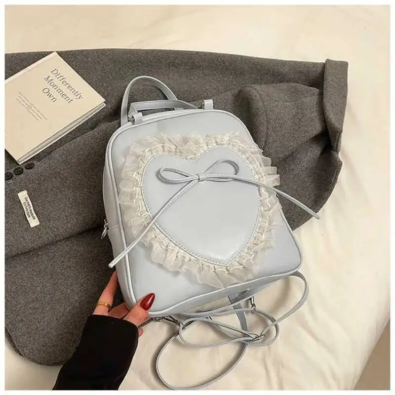 Sweet Kawaii Lace Patchwork Heart Bow Mini Handbags Japanese Chic Girls Preppy Schoolbags Y2k Aesthetic Casual Backpacks Women