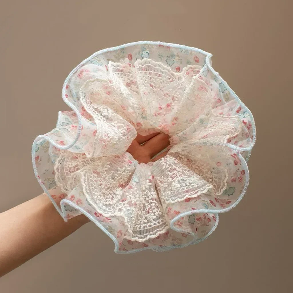 1PC Floral Lace Scrunchies Set For Women Sweet Ruffled Chiffon Hair Ties Vintage Bow Hair Accessories For Daily Hairstyles