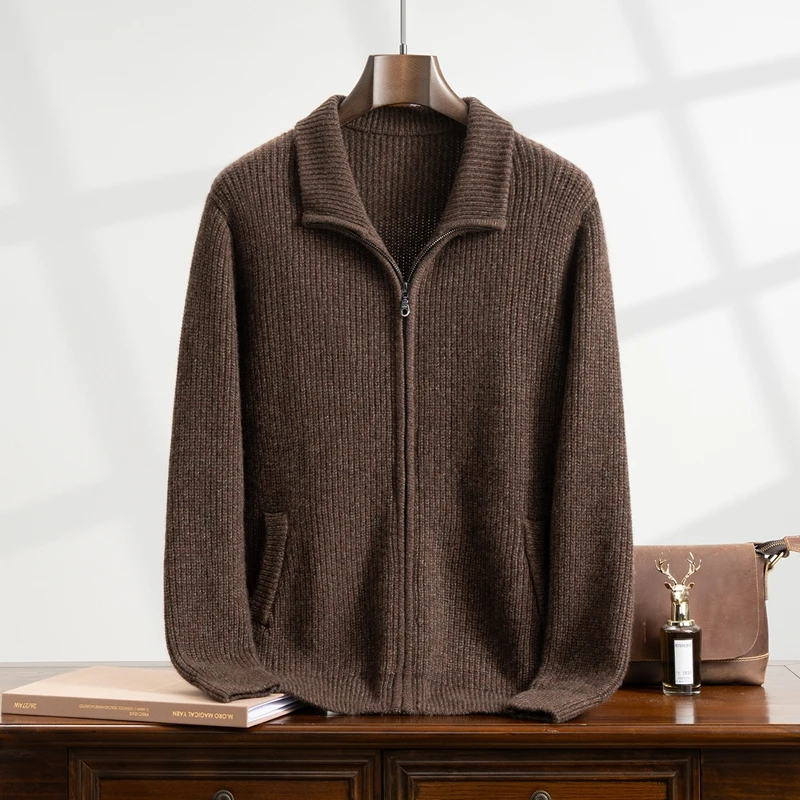 

Autumn Winter Men's 100% Cashmere Sweater Thick Mock Neck Zipper Cardigan Coat Basic Smart Casual Style Cashmere Knitwear Tops
