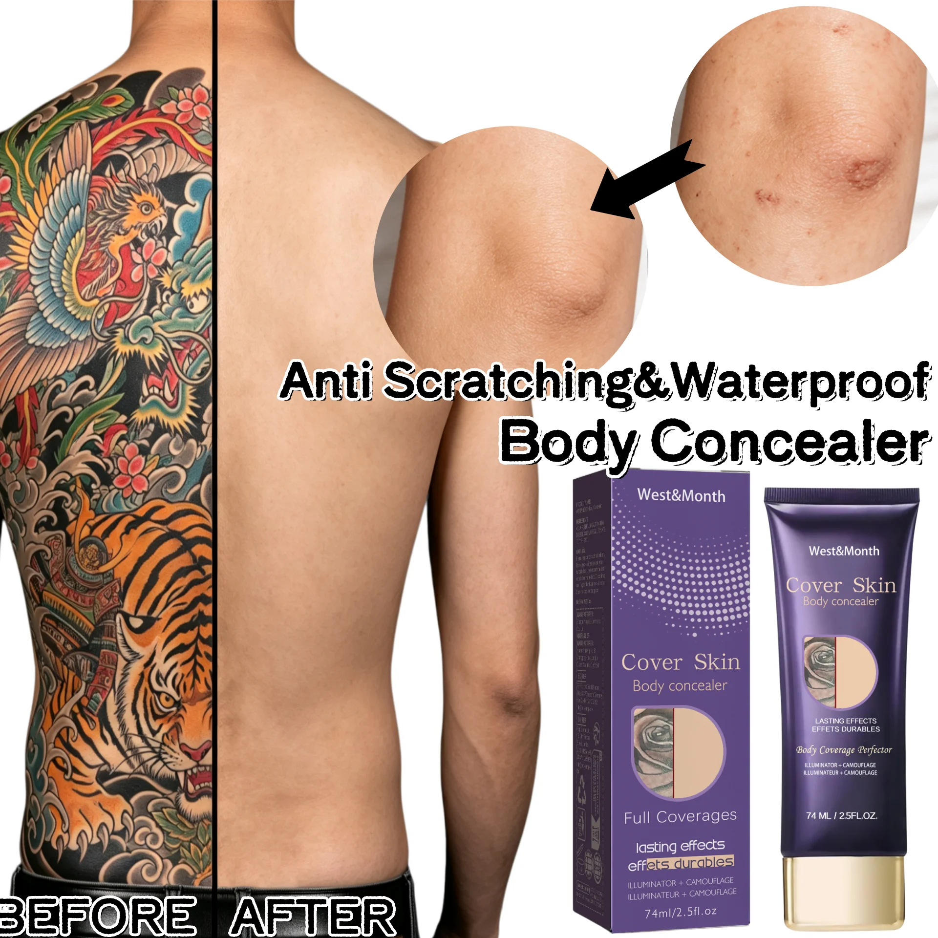 Anti Scratching&Waterproof Body Concealer,High Coverage Imperfection Eraser,Retinol Infused Anti Aging,Mica Light Reflecting Glow,Sweat Proo&Transfer Proof&Lightweight&Seamless Blend,Physical Sun Protection Barrier To Fight Photoaging,Clean Beauty