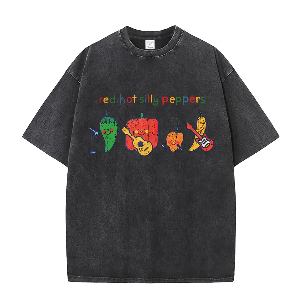 

Washed Vintage Red Hot Silly Peppers Funny T Shirt Men's Clothing Retro Gothic Metal Rock T-shirt Unisex Casual Loose T-shirts