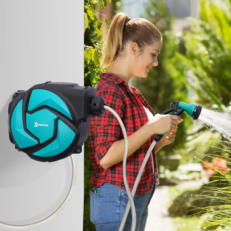 Carrete para Manguera Retráctil de 10m con 7 Modos de Riego, Sistema de Enrollado Automático con Bloqueo, Conector de 1m para Jardín