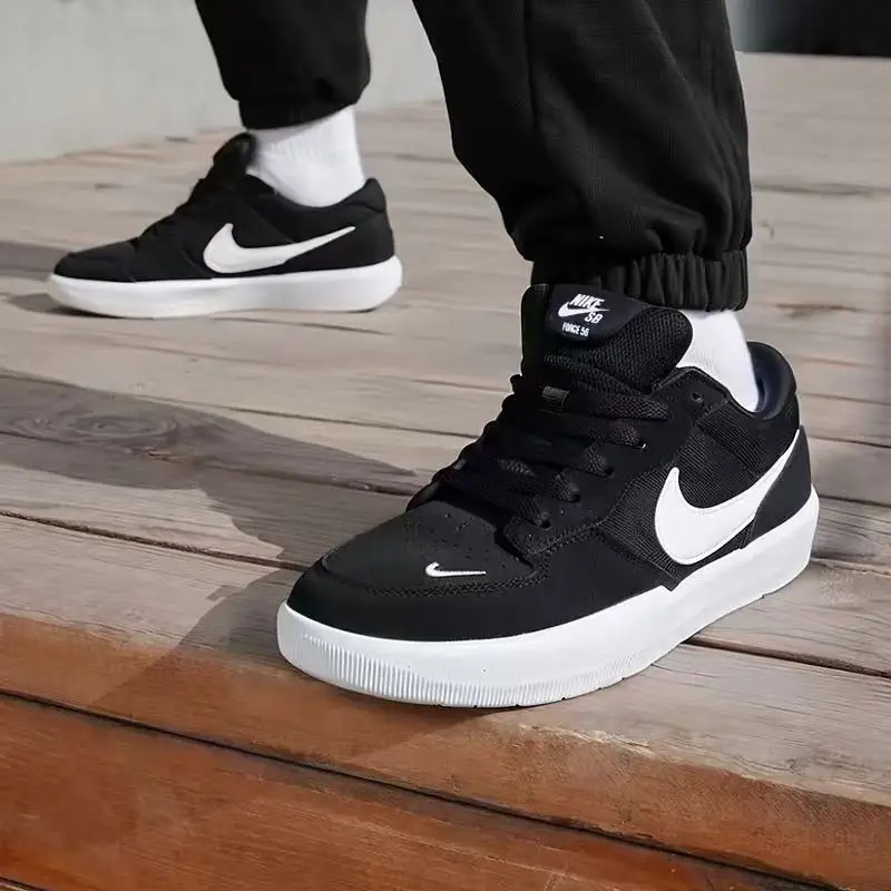 Nike Sb Force 58 Sneakers for Men and Women, Made of Split Leather and Fabric, Retro, Versatile, Breathable, Simple, Stylish, Low-Top, Black and White, Cz2959-001