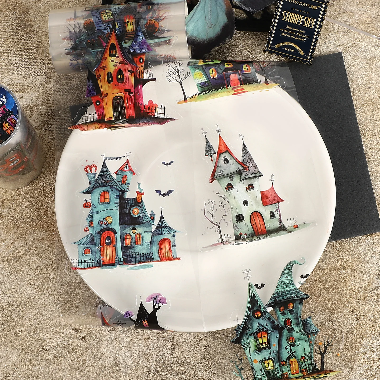 80mm*200cm Vintage Halloween Cartoon Haunted House Landscape PET Tape Creative Journal Material Collage Scrapbooking Stationery