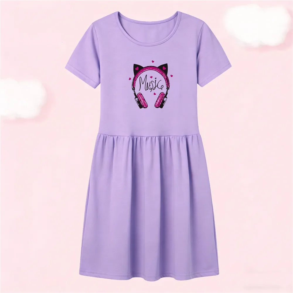Mädchen Baumwoll-T-Shirt-Kleid mit niedlichem Katzenohren-Kopfhörer-Musik-Print, Rundhalsausschnitt, Sommer-Freizeitkleid