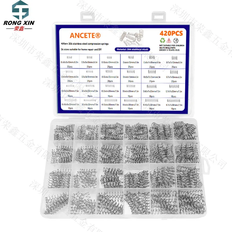420Pcs 304 Stainless Steel Compression Springs Assortment Kit, 24 Sizes, Wire Diameter 0.45mm-0.7mm