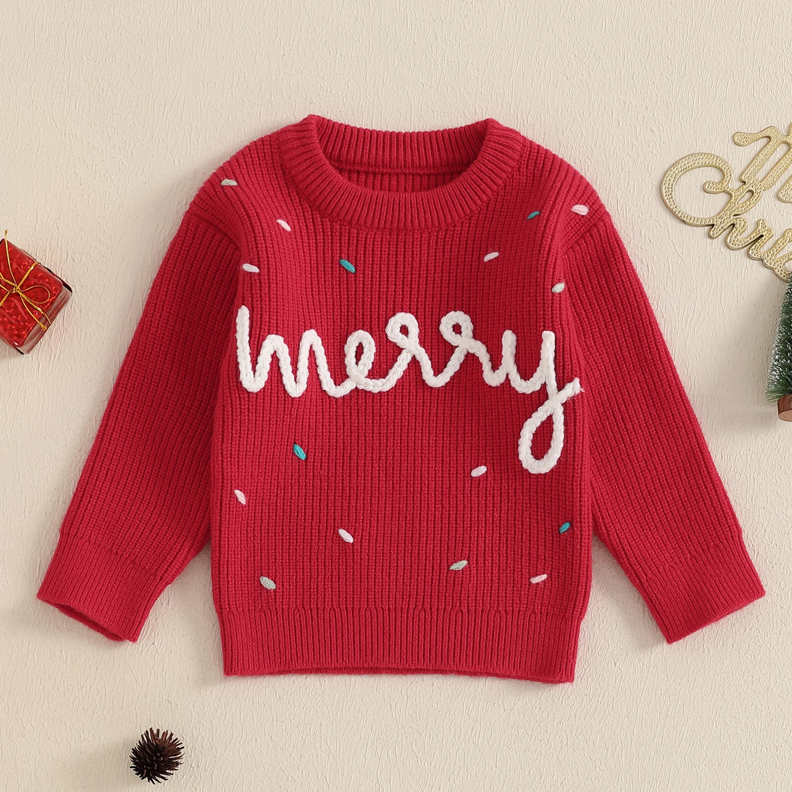 

Toddler Baby Girl Boy Christmas Sweaters Letter Embroidered Long Sleeve Round Neck Ribbed Knitted Pullovers Warm Jumpers