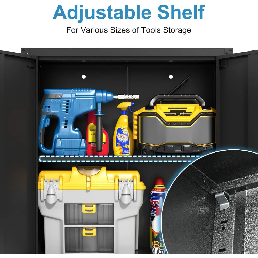 頑丈なロック付き壁掛けツールキャビネット、2ドア、調節可能な棚、黒仕上げ、ガレージ収納用