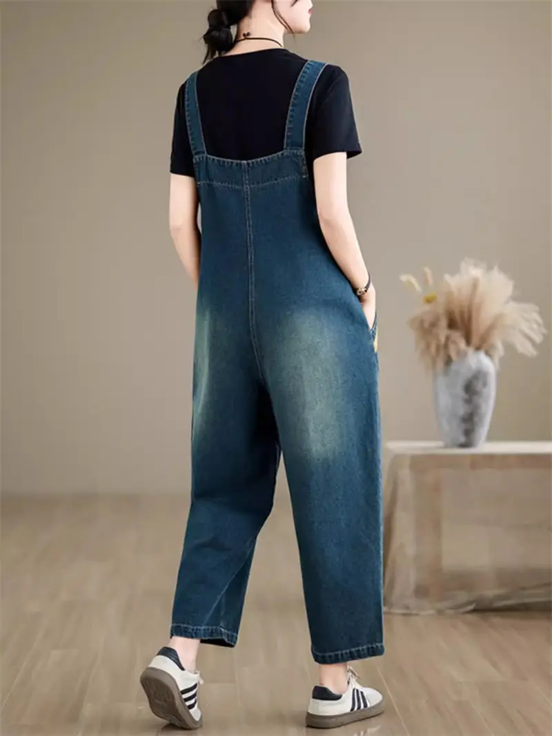 Leisure Matching Color Matching Denim Jeans Jumpsuit For Women 2024 Spring Summer Loose Slim Fashion Overall Strap Pants K980