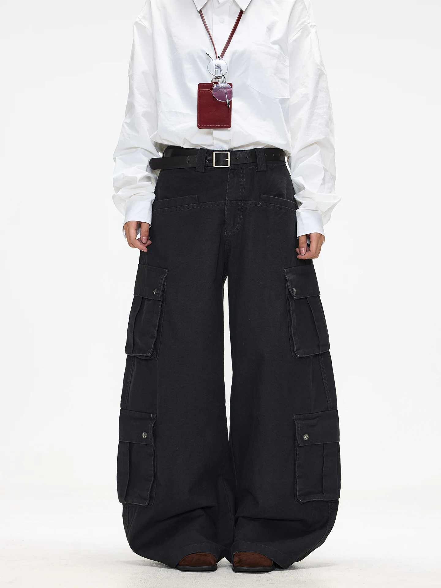 

Винтажные свободные прямые брюки А-силуэта с множеством карманов для работы, женские повседневные брюки с дизайном «изогнутый нож» Chenzhilioldstore