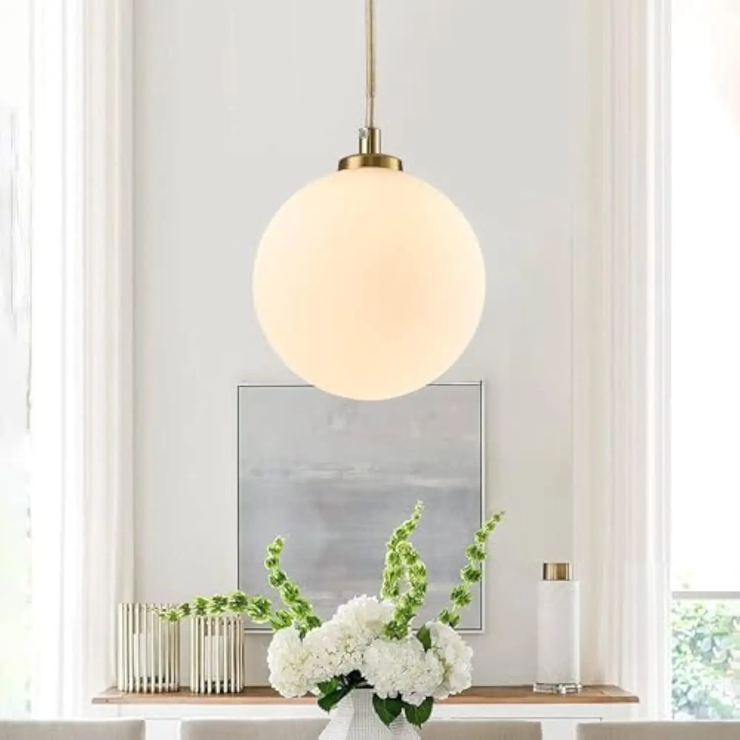 

Mid Century Modern Chandelier, 1- Light Globe Glass Ceiling Hanging Chandelier, Glod Pendant Light, White Spherical Blackout Be