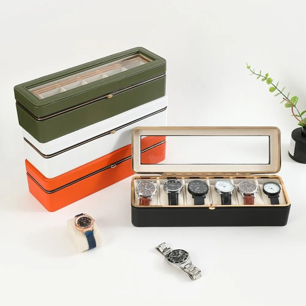 New PU Leather Watch Storage Box Clear Window Transparent Lid Watch Organizer Case 6 Slots Soft Interior Watch Display Box