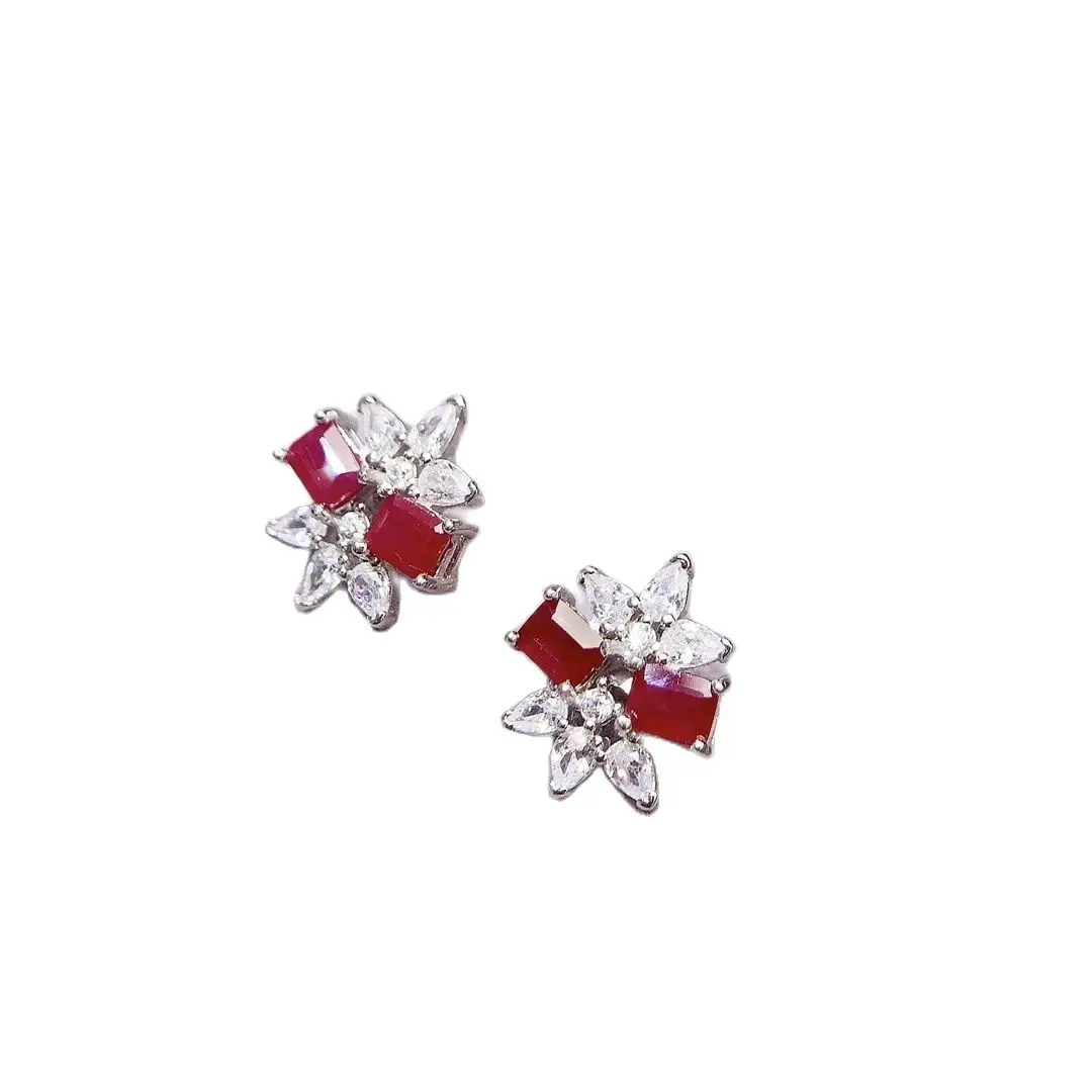 SHILOVEM 925 Sterling Silver Natural Ruby Stud Earrings Classic Fine Jewelry  Women wedding Gift  Wholesale 3*4mm  le0304888agh