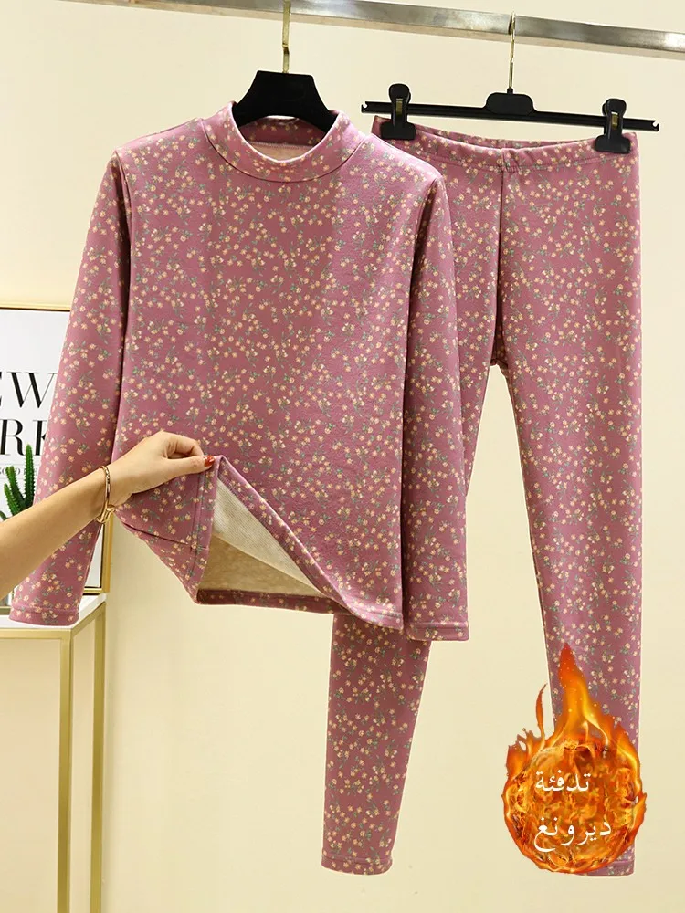 

Теплый велюровый комплект из двух предметов с цветочным принтом и высоким воротником для женщин среднего и старшего возраста, домашняя одежда для комфорта