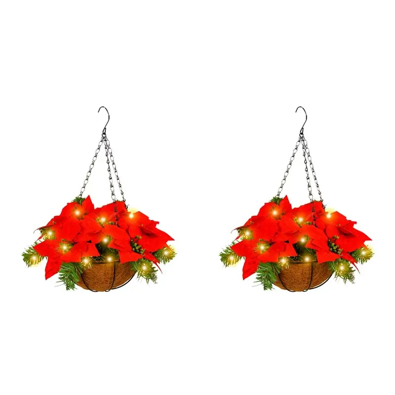 A84E-2X Christmas Hanging Basket With Red Flowers And For Outdoor Yard Porch Decor