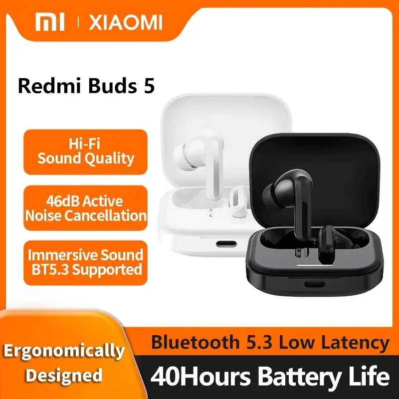 Xiaomi Redmi Buds 5 46dB Bluetooth 5.3 Active Noise Reduction Earphone 40H Battery Life AI Call Anti Wind Noise Wireless Headset