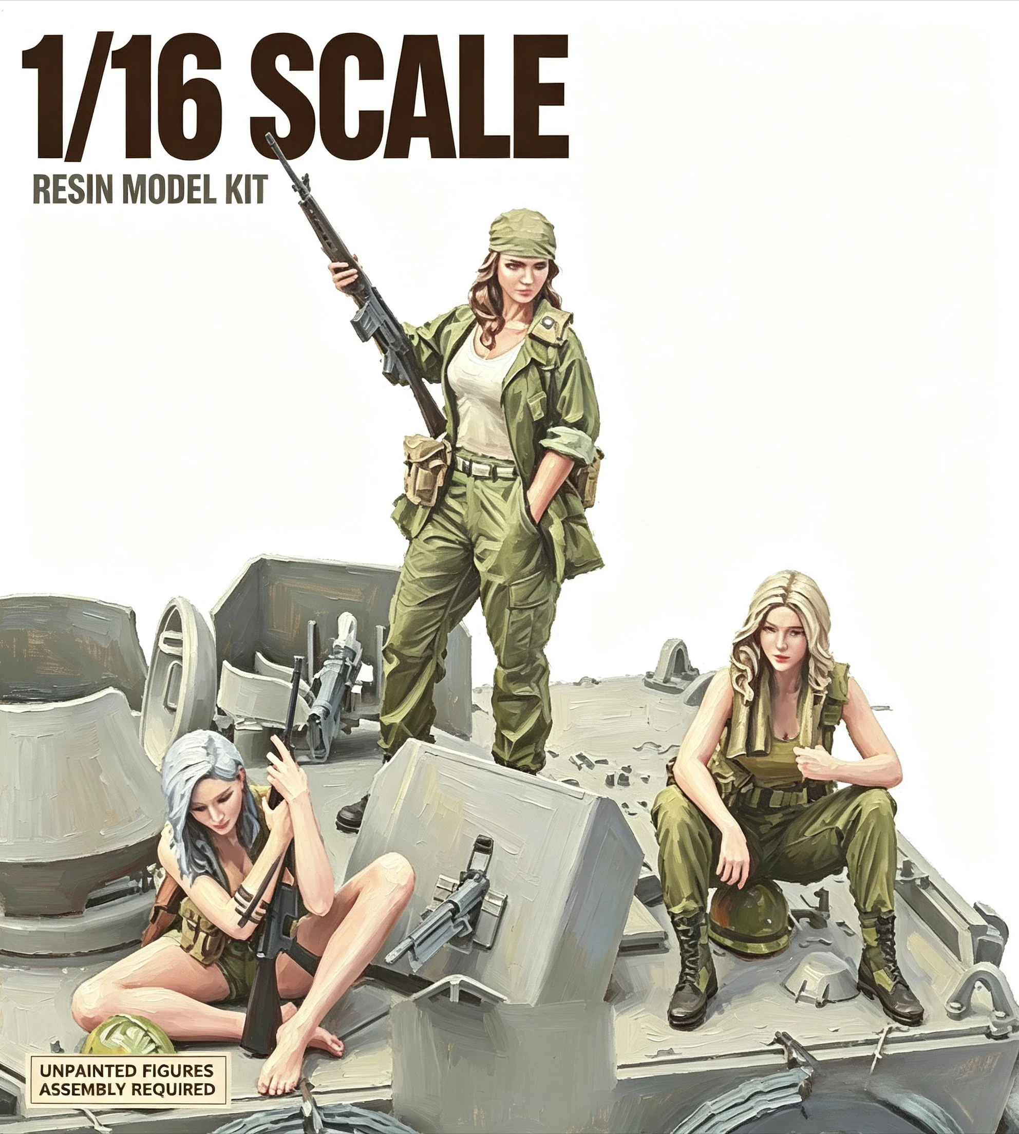 1/16 Resin Model Assembly Kit Gk, Resin Model Kit for 3 People, Scene Layout Characters Unpainted Model