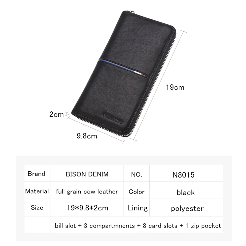 BISON DENIM 100% Genuine Leather Wallets Men Long Wallet Credit Business Card Holders Mobile Phone Bag Zipper Purse Clutches