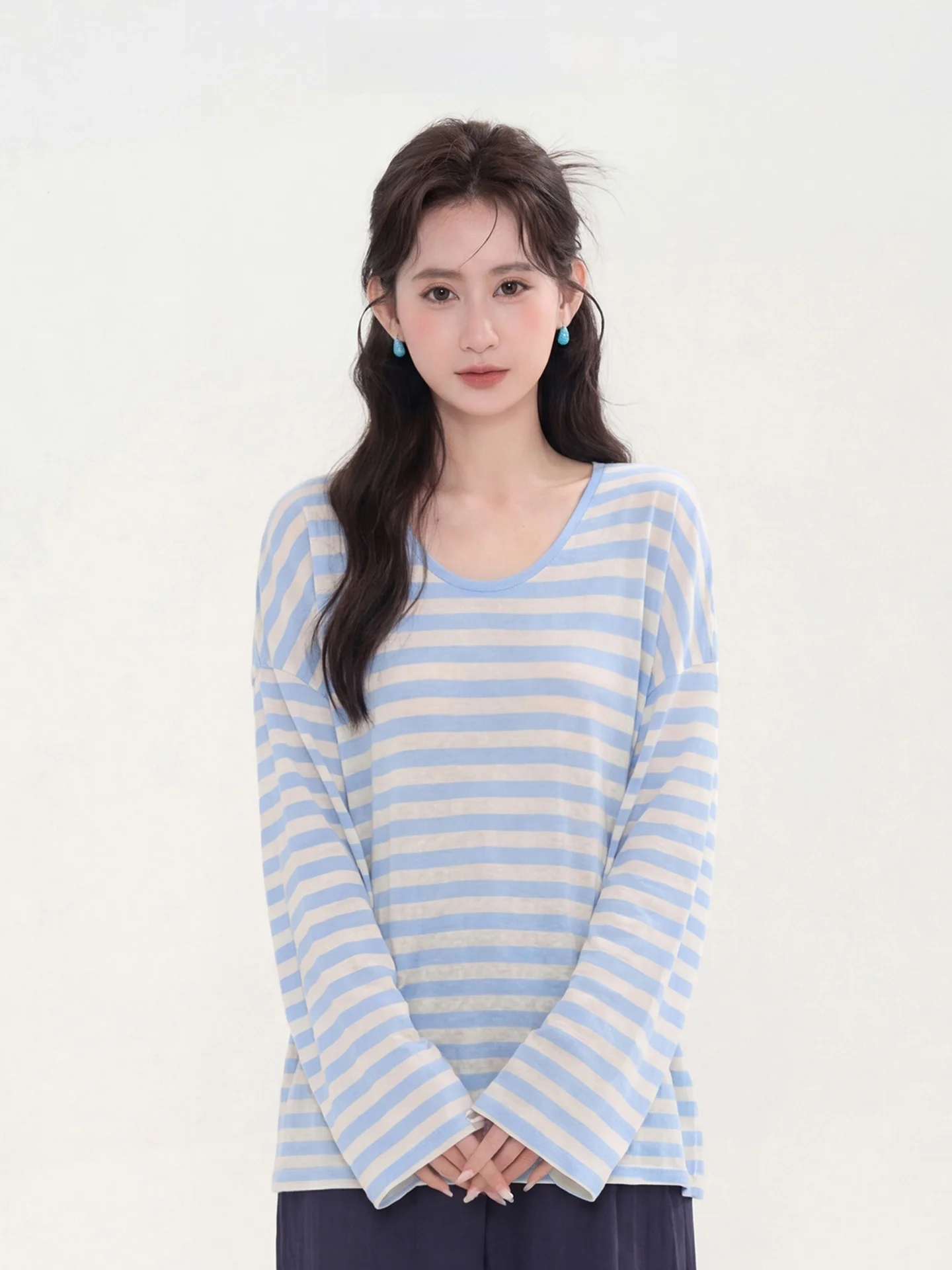 

Женская футболка Heme Watermelon Light Blue в полоску с круглым вырезом и длинными рукавами, повседневный стиль, защита от УФ-излучения, солнцезащитный топ