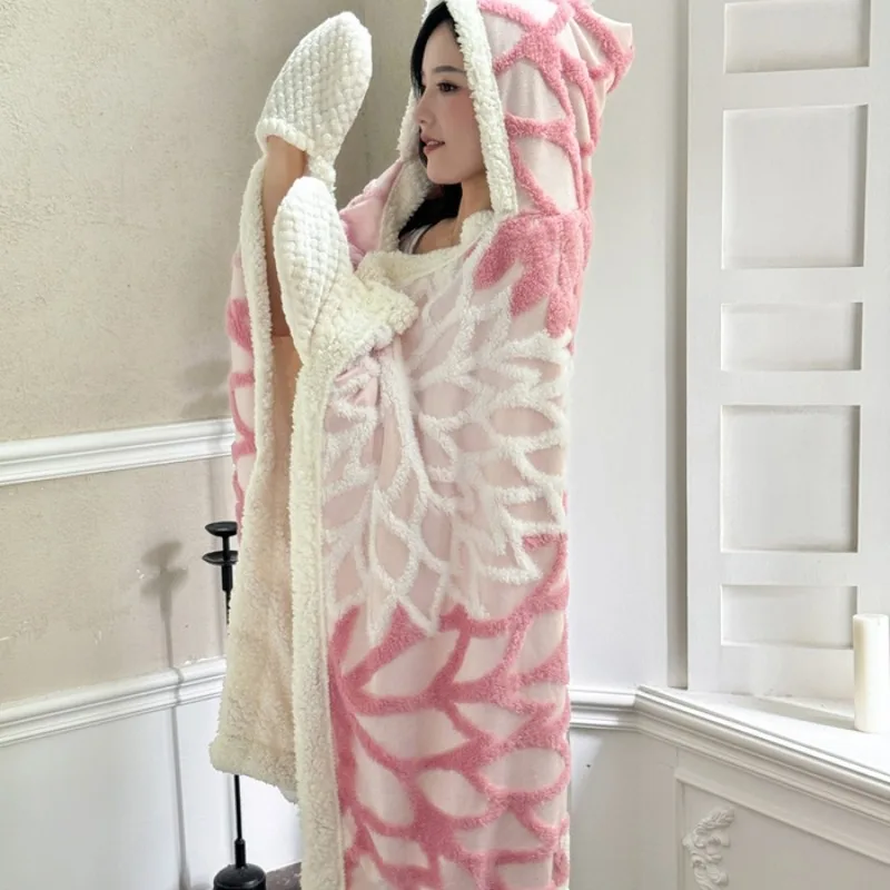 Jacquard Bloom Shawl Blanket Soft Comfortable Multifunctional Cover Blanket Warm Cozy Office Nap Hat Gloves Cape Blanket
