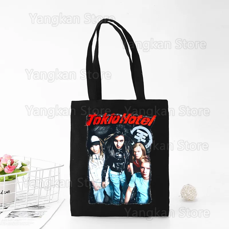 Rock Band Tokio Hotel Music Harajuku Canvas Tote Black Bags Harajuku Casual Female Girl Tote Eco Shopper Shoulder Bags