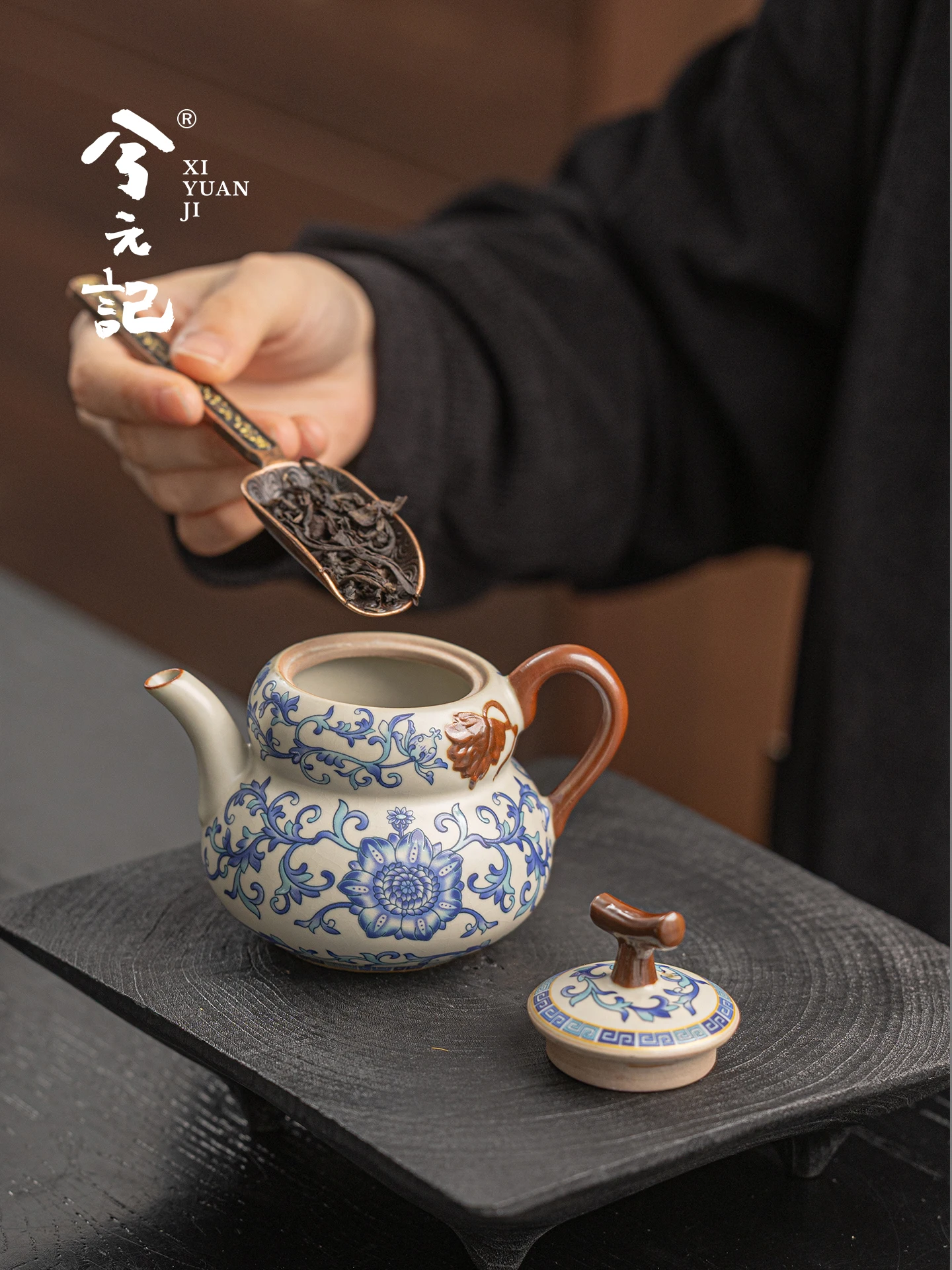 Blue and White Ru Ware Porcelain Set Gourd Teapot Cup Complete Gift for Elders