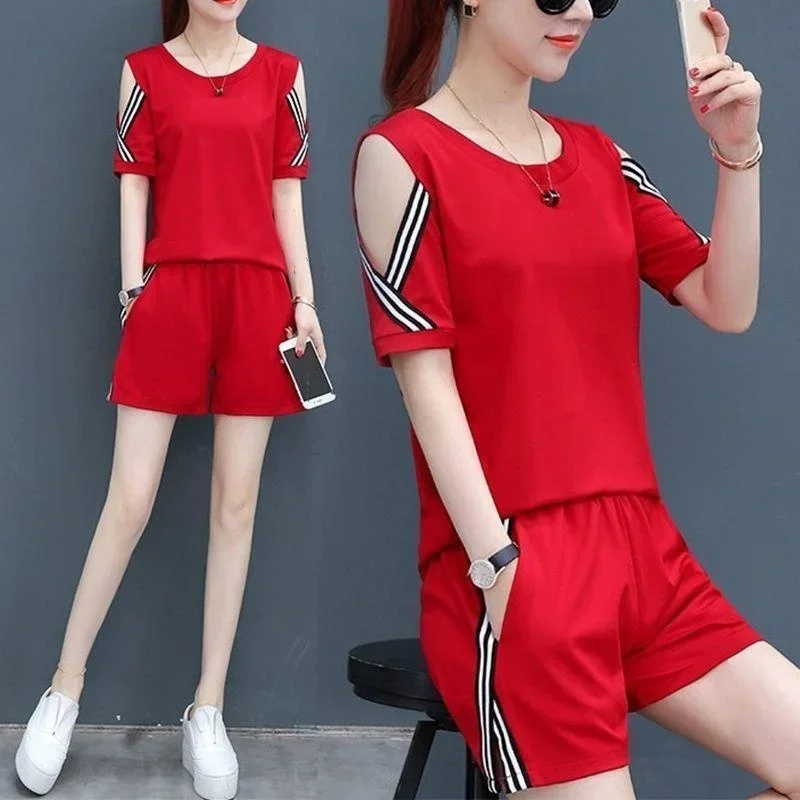 

Women's Casual Korean Tracksuit 2025 Summer New Fashion Loose Crop Top Shorts Two Piece Set Plus Size Blouses For Women Clothing