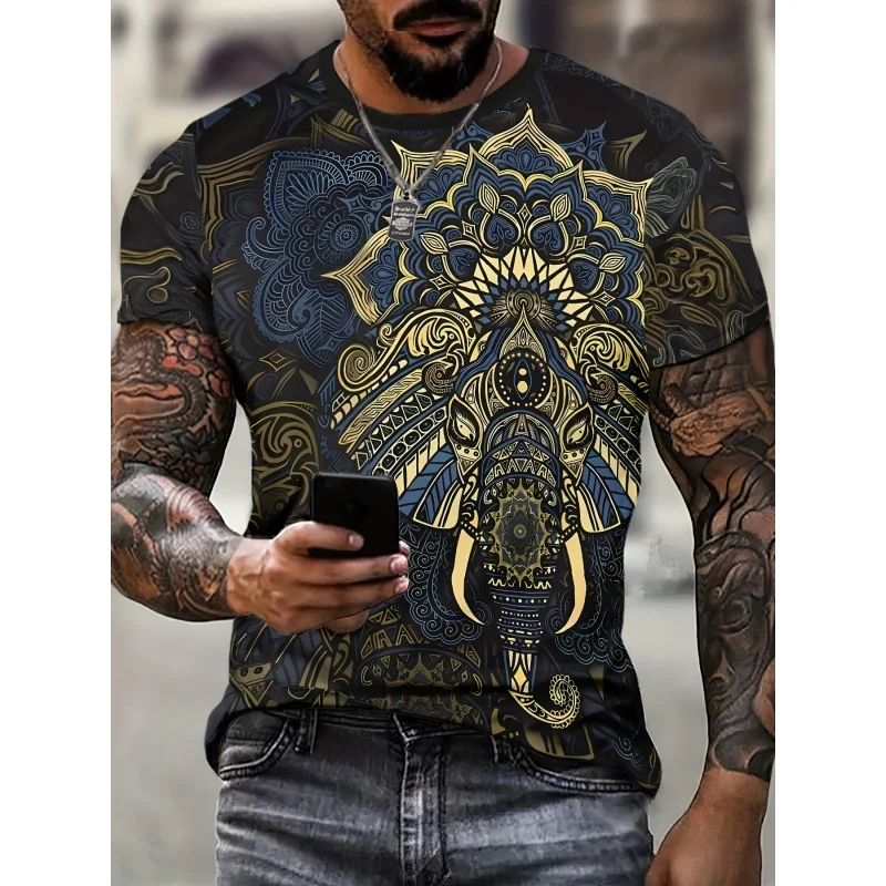 Vintage Exquisite Pattern T-Shirt For Men Cool Elephant 3D Printed Tees Casual Unisex Short Sleeve O-Neck Tops Street T Shirts