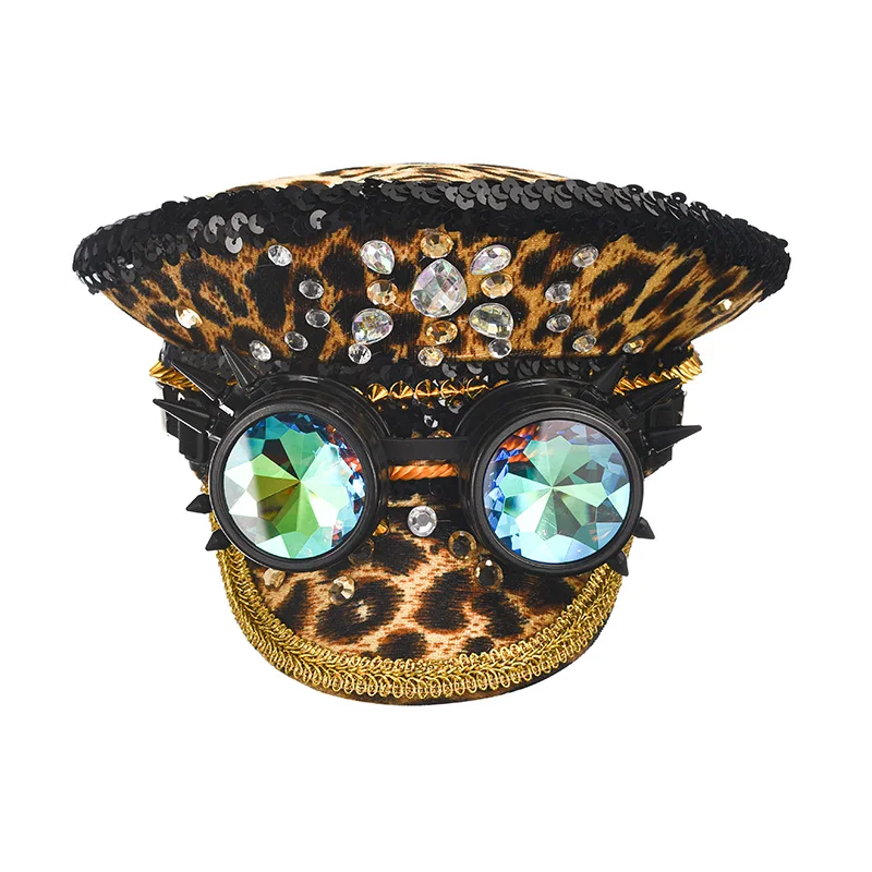 Women's Burning Man/Women Sequin Hats Cosplay Costume Retro Leopard with Glasses Fashion Men Women Handmade Steampunk Top Caps