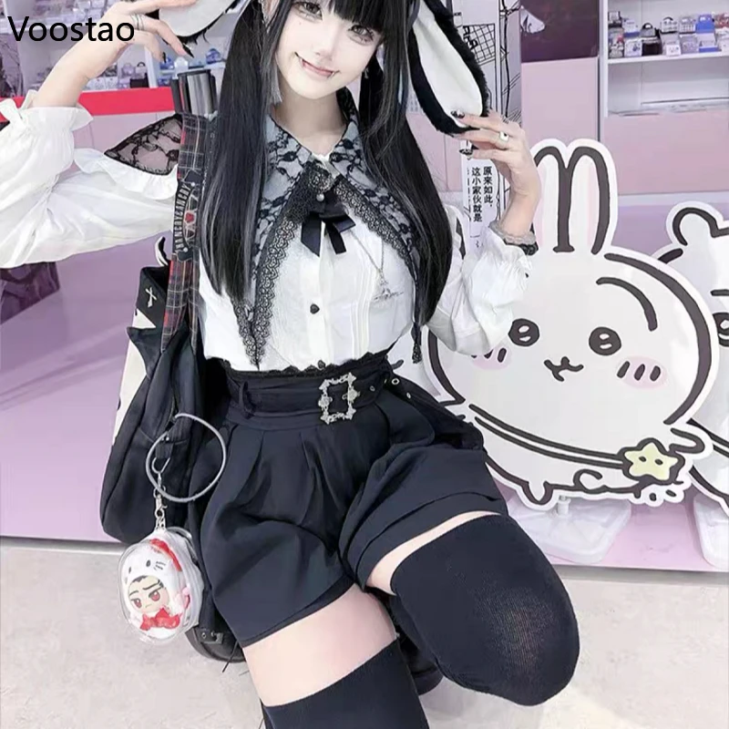 Y2k Aesthetic Lolita Skirt Set Japanese Gothic Bow Lace Off Shoulder Long Sleeve Shirt Mini Skirts Suit Harajuku Sweet Outfits