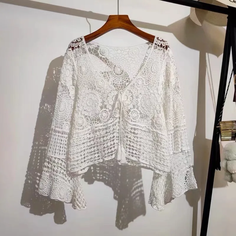 2025 الربيع والخريف المطرزة الجوف كم طويل الشاطئ التستر الشمس حماية قميص المرأة بلايز معطف ملابس خارجية البلوز