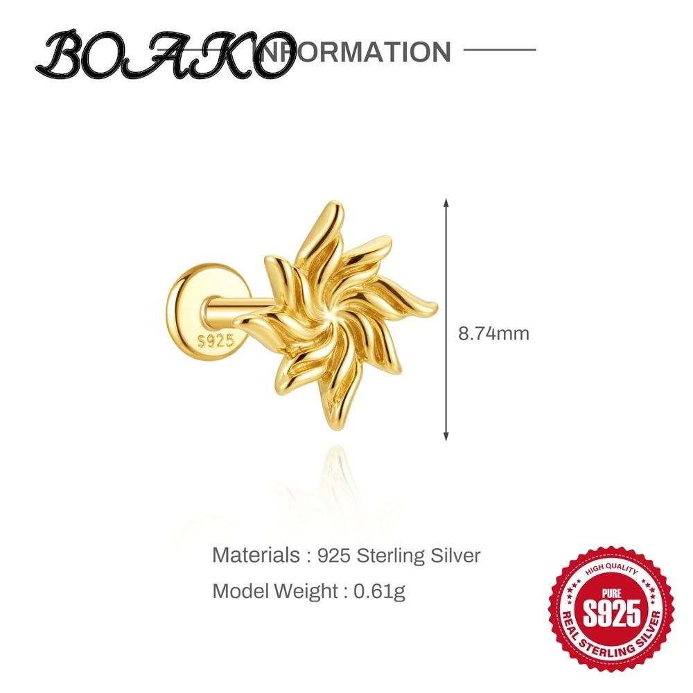 BOAKO 1PC 925 Sterling Silver Gold Plated Geometric Swirl Textured Flower Screw Flat Back Cartilage Ear Piercing Earring