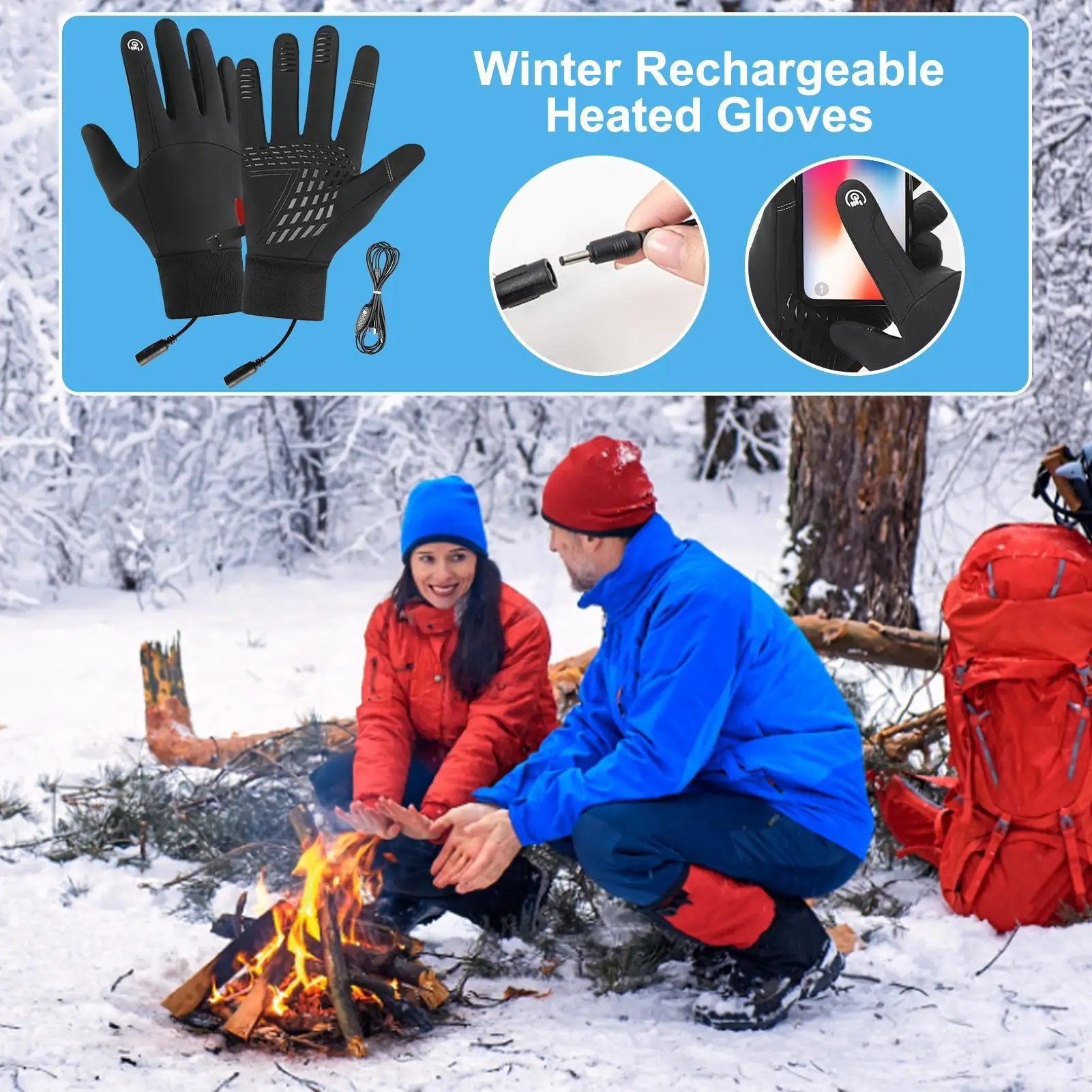 Heated Gloves For Men Hand Warming Gloves USB Charging Windproof Non-Slip Touchscreen Waterproof Thick Drawstring Mitten For Men