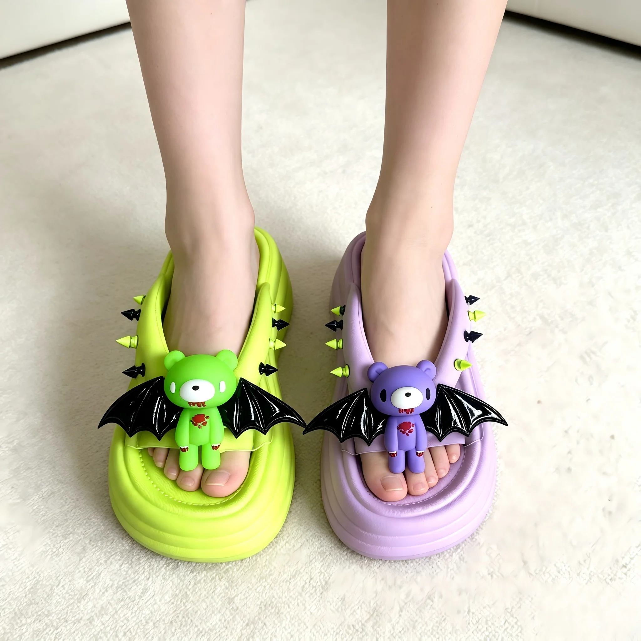 Gothic Spiked Platform Flip Flops, Cute Devil Bear Decor Thick Sole Slides Women Outdoor Beach Sandals