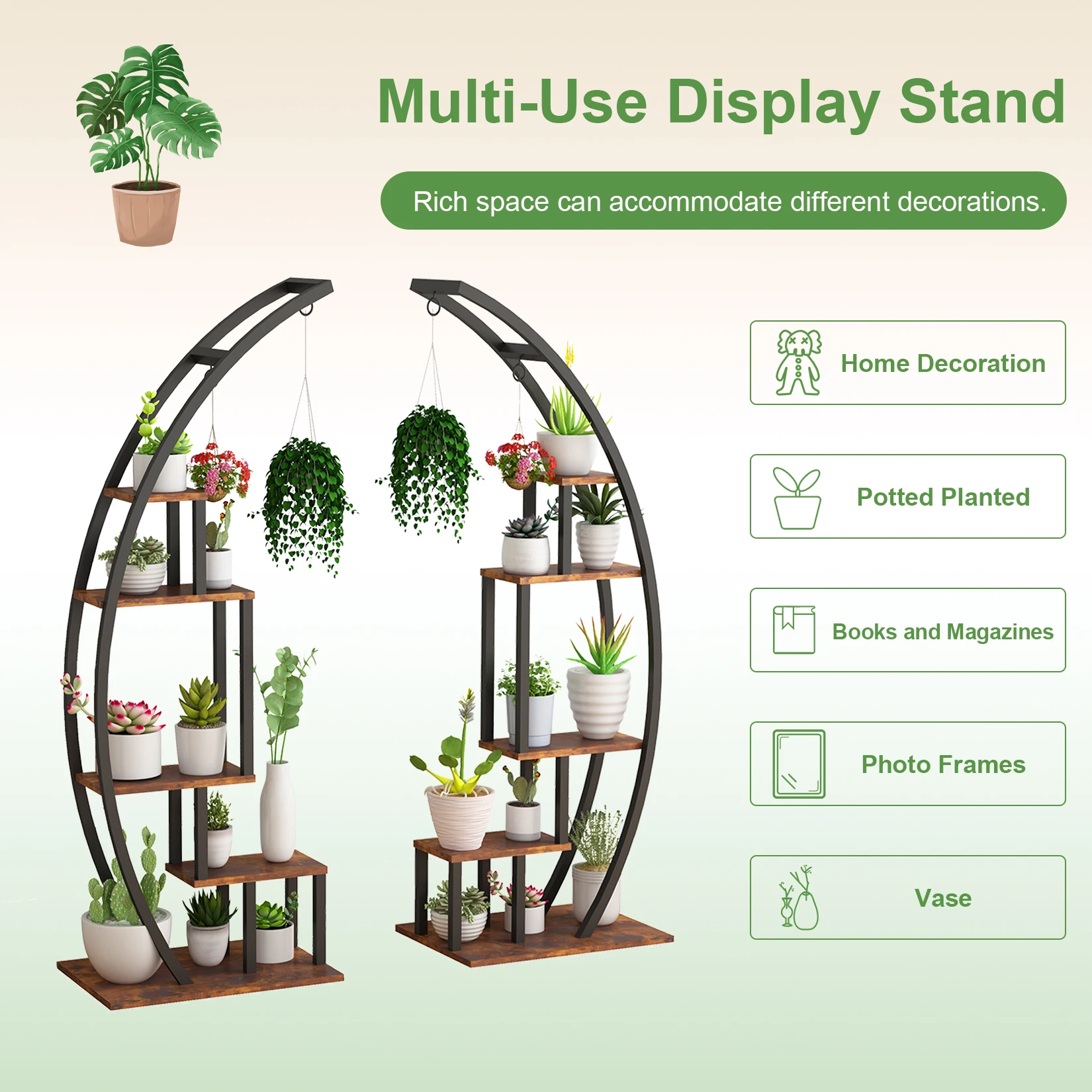 Half‑Moon Plant Stand Indoor, 5‑Tier 56 Inch Tall Curved Large Plant Shelf with Hanging Hooks, Metal Wood Plant Display Rack for Living Room Patio Balcony image 6