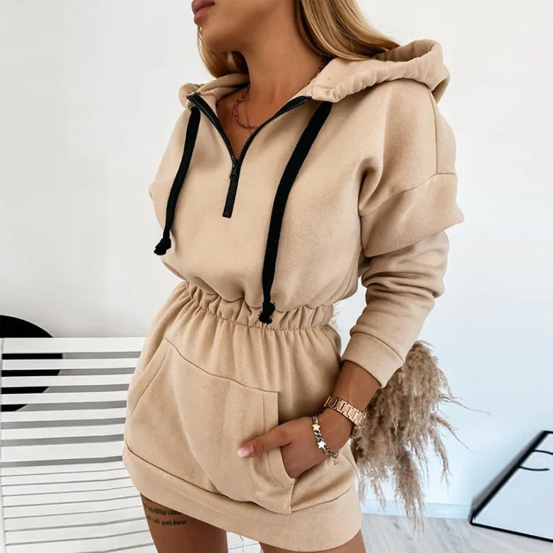 

Sexy Long Sleeve Party Hoodie Dresses Women Autumn Winter Front Drawstring Sweatshirt Dresses Casual Long Sleeve Dress Vestidos