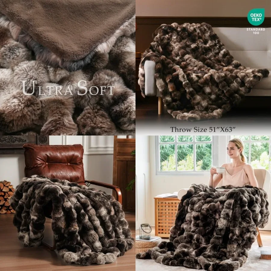 

Fluffy Faux Fur Throw Blanket for Couch, Soft Plush Thick Cozy Fuzzy Luxury Minky Bubble Blanket for Home Living Room Decor Gif